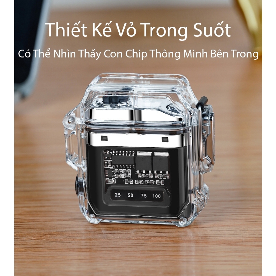 Quẹt Điện Plasma Tích Hợp Đèn Pin 3 Chế Độ Siêu Sáng - Vỏ Trong Suốt Chống Gió, Chống Nước - Hàng cao cấp