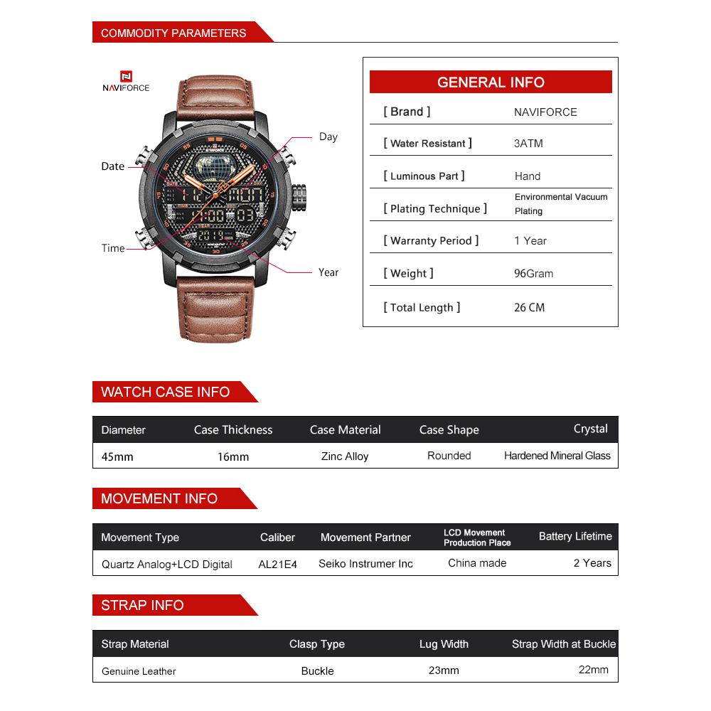Đồng hồ NAVIFORCE 9160 Man Quartz hiển thị thời gian kép Ngày tháng Năm Mặt số Chế độ ban đêm không thấm nước