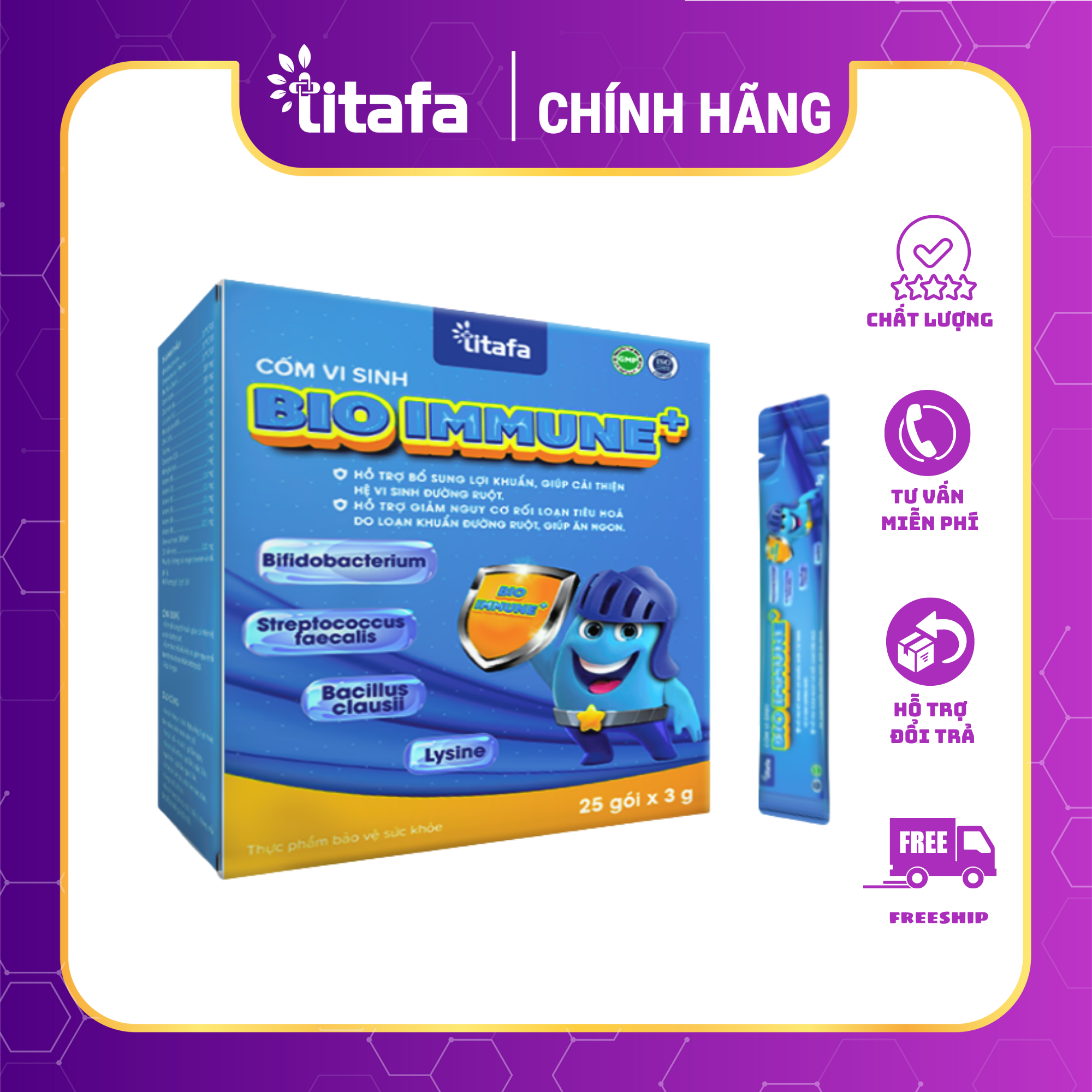 Cốm vi sinh BIO IMMUNE+ Hộp 25 gói x 3g - Bổ sung lợi khuẩn, cải thiện hệ vi sinh đường ruột [Chính hãng TITAFA]