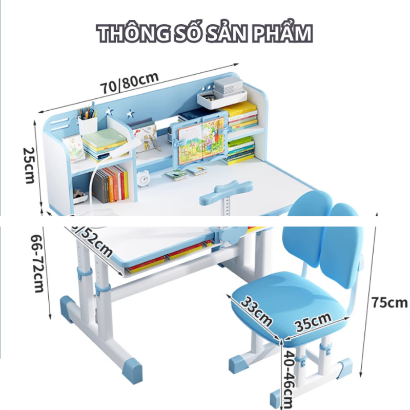 Bộ bàn ghế học sinh tiểu học E01 thông minh tăng giảm chiều cao, ghế đệm êm ái và tựa lưng 2 cánh