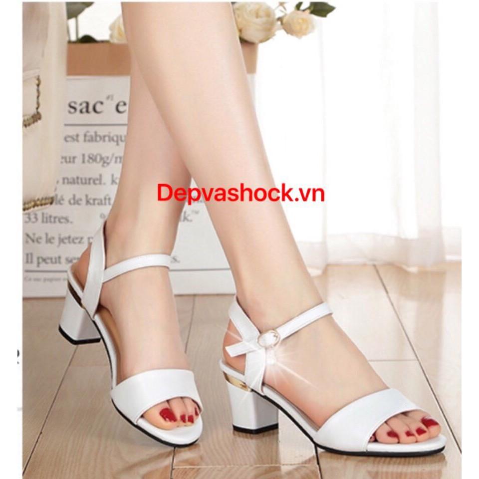 Sandal cao gót quai ngang thời trang Depvashoc gót vuông viền vàng cao 5cm MS 21060