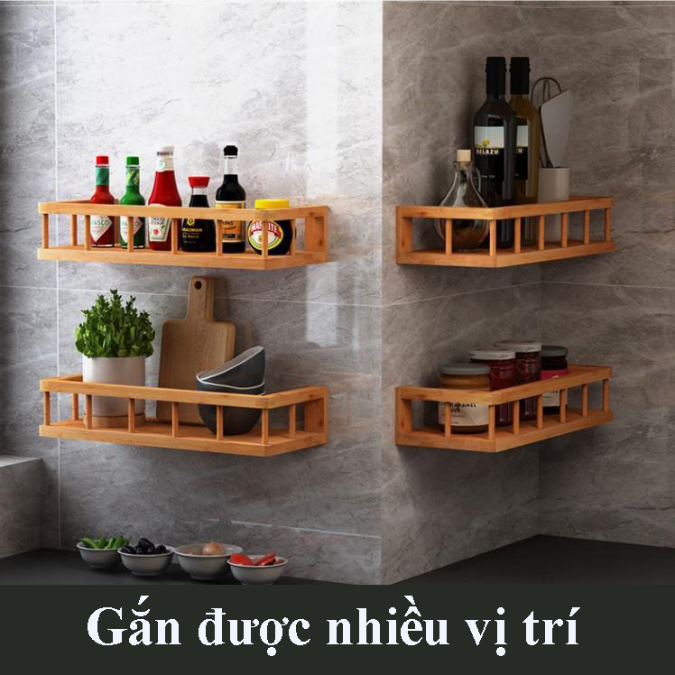 Giá kệ gỗ tre đa năng treo tường nhà bếp hay phòng tắm phòng khách đều được,bằng gỗ tre,Kích thước 37 x 15 x 8 cm,màu vàng Tre nguyên bản,Chống mối mọt cong vênh - Giá kệ gỗ tre treo tường