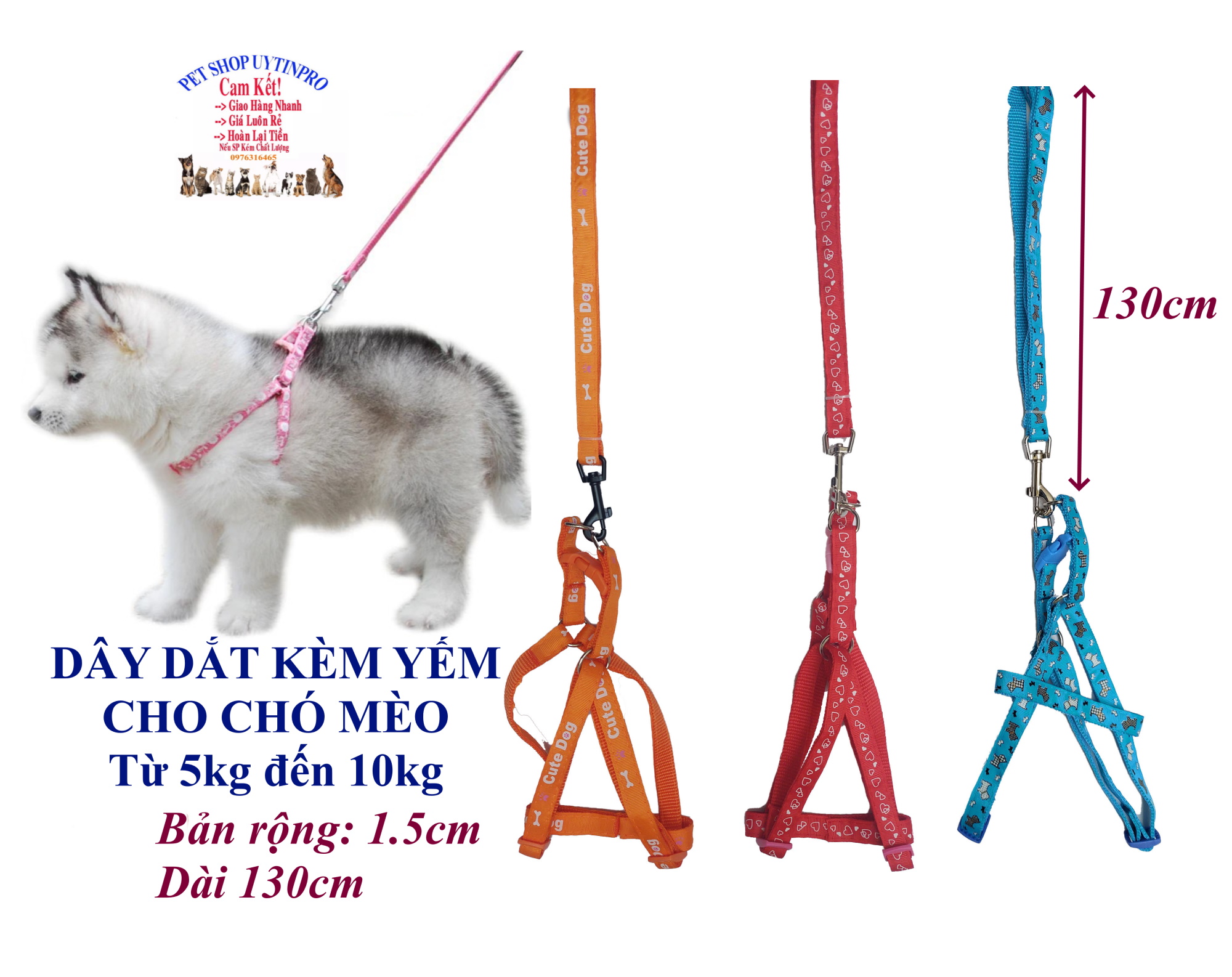 Dây dắt kèm yếm cho Chó Mèo Từ 5kg đến 10kg Bản rộng 1.5cm Dài 130cm Zichen In hình bất kỳ Chất liệu dù cao cấp, An toàn