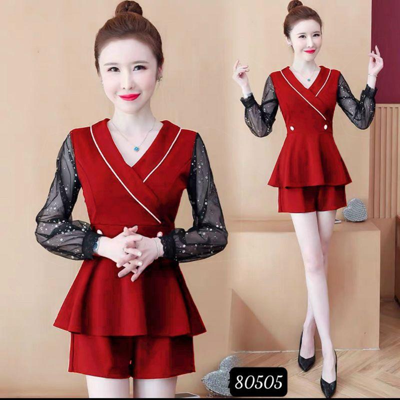 Sét bộ đồ nữ cổ vest tay dài phối lưới hoa xinh xắn size từ 40-70kg