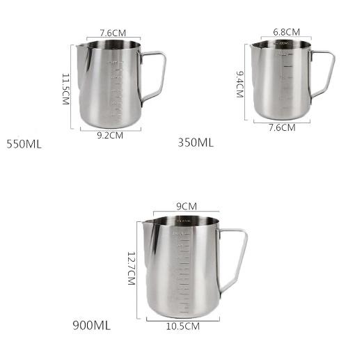 Ca đánh sữa Inox 304 chia vạch dung tích 350-550- 600ml pha latte tạo hình nghệ thuật cà phê Espresso dụng cụ pha chế