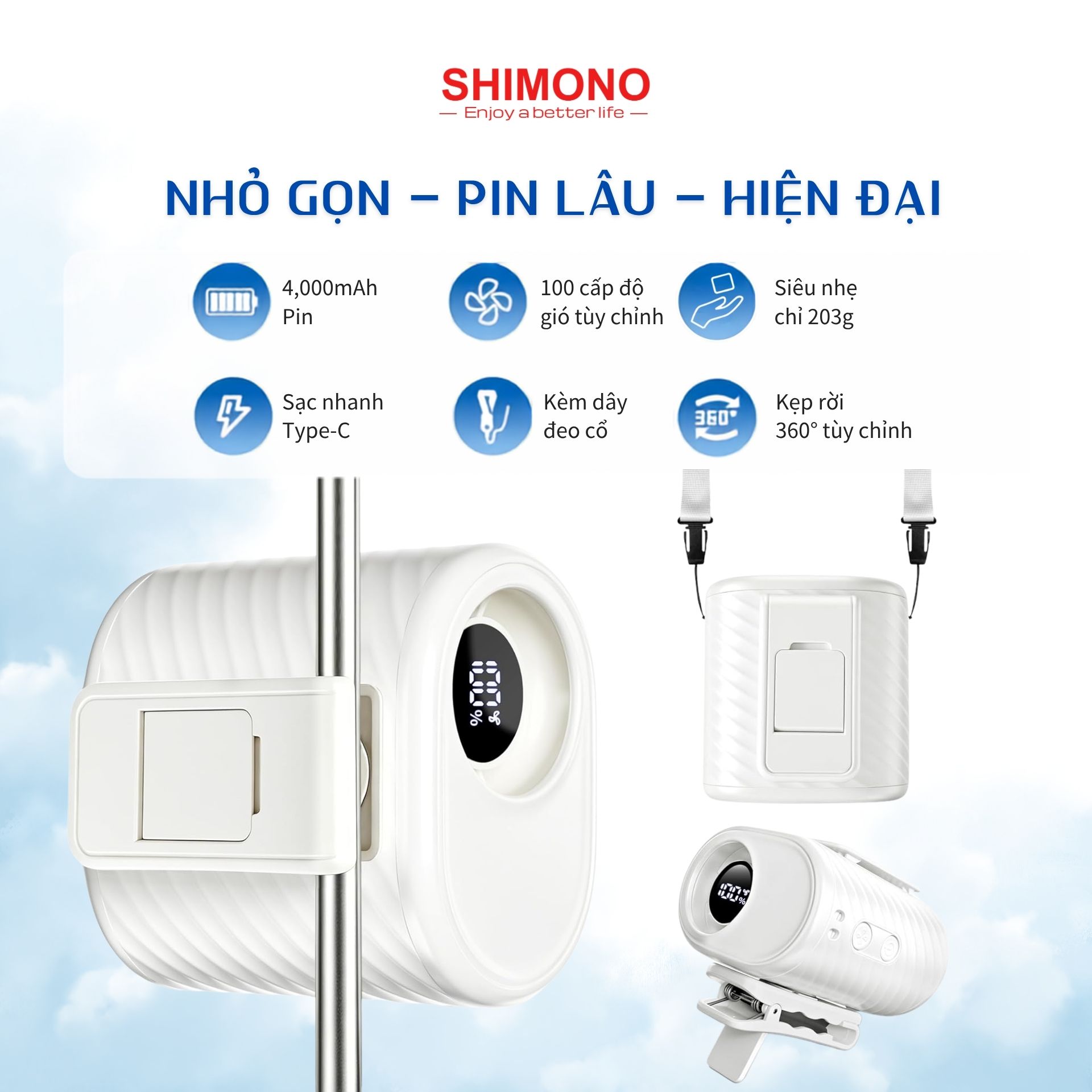 Quạt Kẹp Thắt Lưng SHIMONO SM-WF68 Tốc Độ Cao, Pin 4000mAh, Điều chỉnh 360°, Quạt Đeo Eo Rảnh Tay  - Hàng Chính Hãng