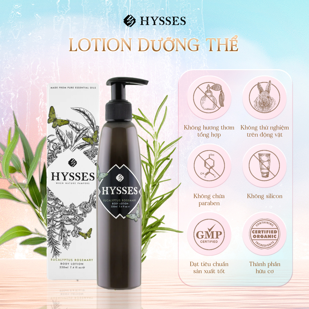 Sữa Dưỡng Thể Cao Cấp Hysses Body Lotion Làm Trắng Da, Trẻ Hóa, Dưỡng Ẩm Chuyên Sâu Cho Da Khô với Tinh Dầu Bạch Đàn - Hương Thảo Hữu Cơ Tự Nhiên