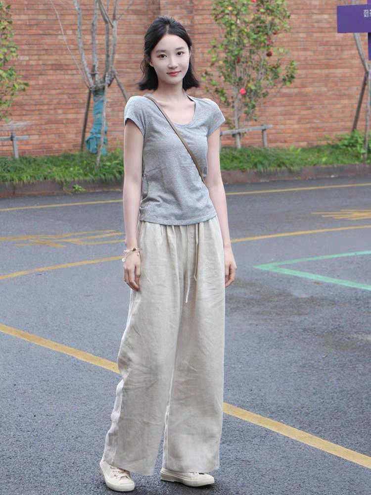 Quần dài suông linen thô cao cấp đũng ngắn lưng thun