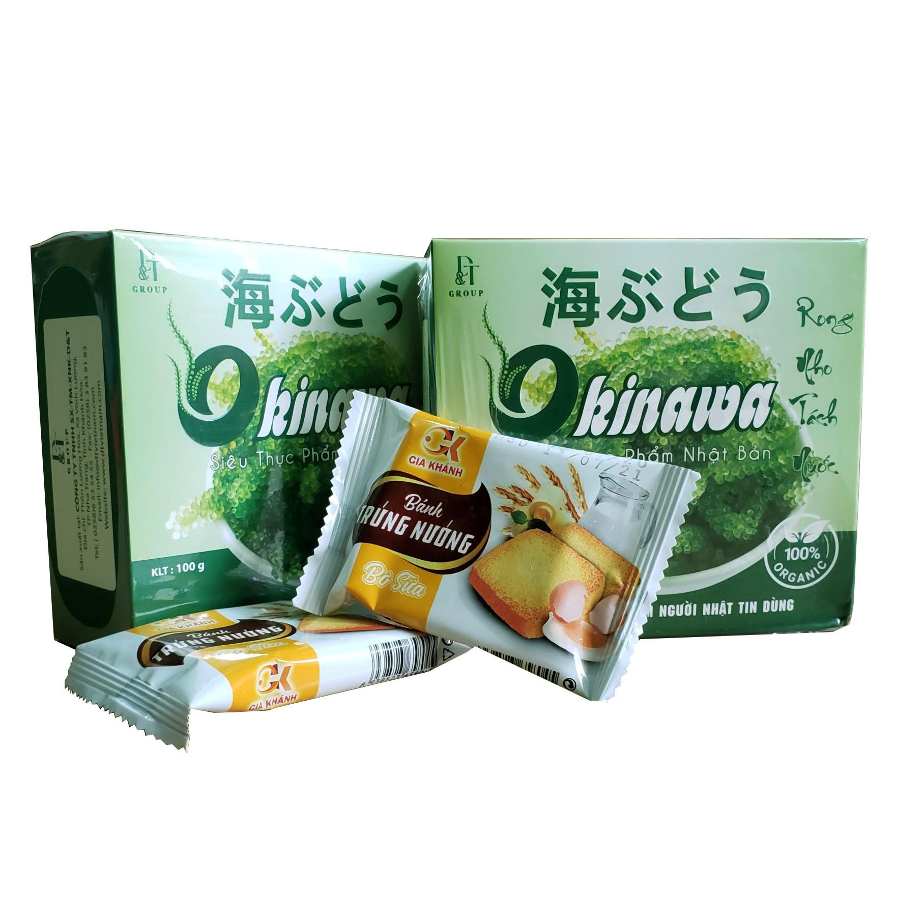 Combo 2 hộp Rong nho tươi tách nước Okinawa 100g (5 gói x 20g) + tặng kèm 2 gói bánh trứng Gia Khánh