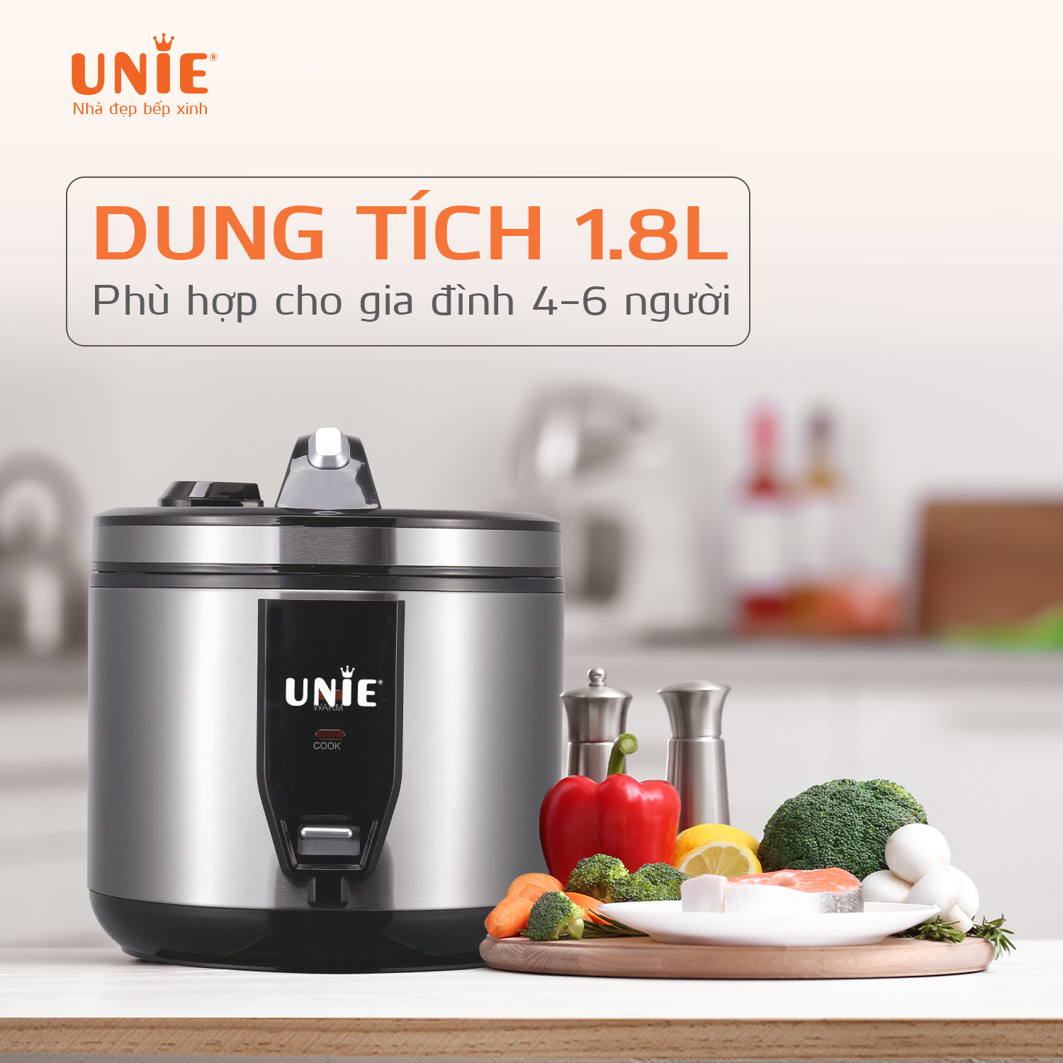 Nồi Cơm Điện Nắp Gài UNIE UE-625 Tiêu Chuẩn Đức Đủ 6 Người Ăn Công Suất 200W Dung Tích 2L - Hàng Chính Hãng