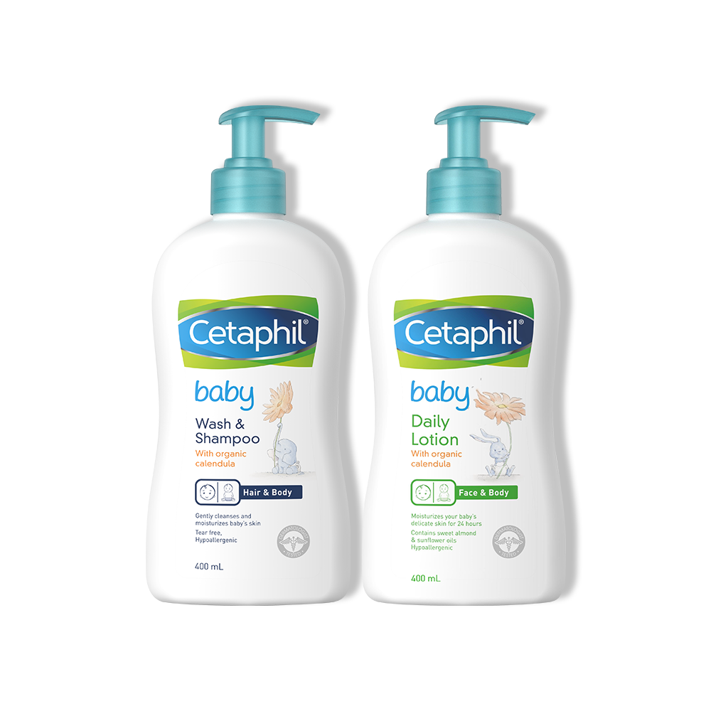 Combo Sữa tắm gội Cetaphil Baby W&S with Organic Calendula 400ml + Sữa dưỡng thể Cetaphil Baby with Organic Calendula 400ml