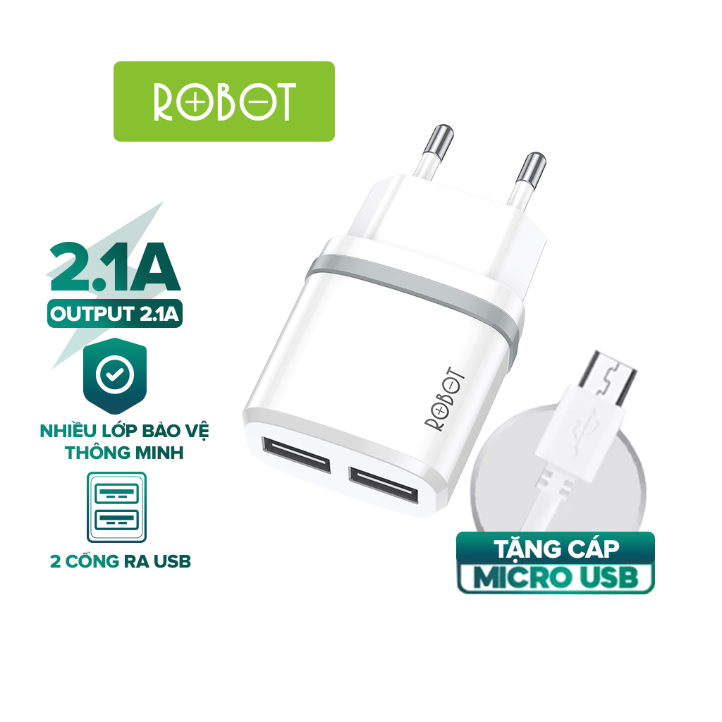 Cốc Sạc 2 Cổng USB ROBOT RT-K9 2.1A Kèm Cáp Micro 1m nhiều lớp bảo vệ, nhỏ gọn tiện lợi-hàng chính hãng