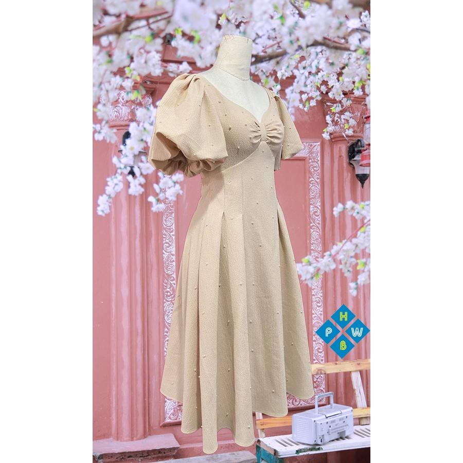 Đầm xếp ly ngực tay phồng lồng đèn