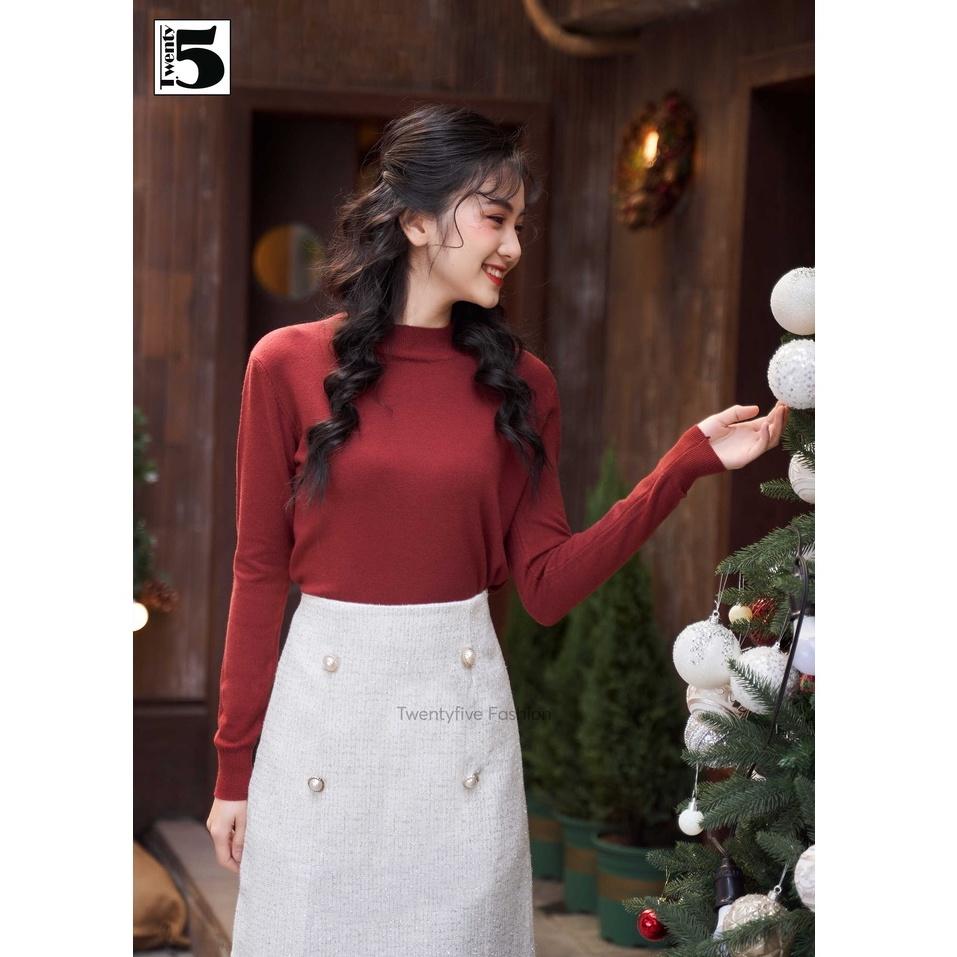 Áo len trơn nữ, dáng suông cổ cao 3cm Twentyfive 3911