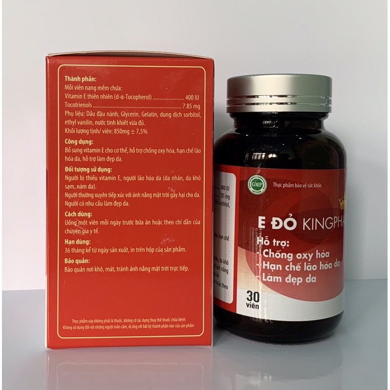 Vitamin E đỏ Kingphar, hộp 30v, đẹp da, chống lão hoá