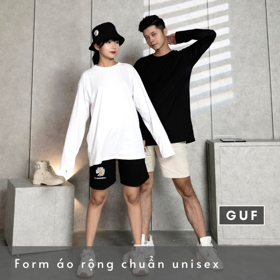 Áo Thun Tay Dài Nam Nữ Form Rộng Cổ Tròn, Màu Đen Trắng Chất Phông Cao Cấp Basic Unisex GUF