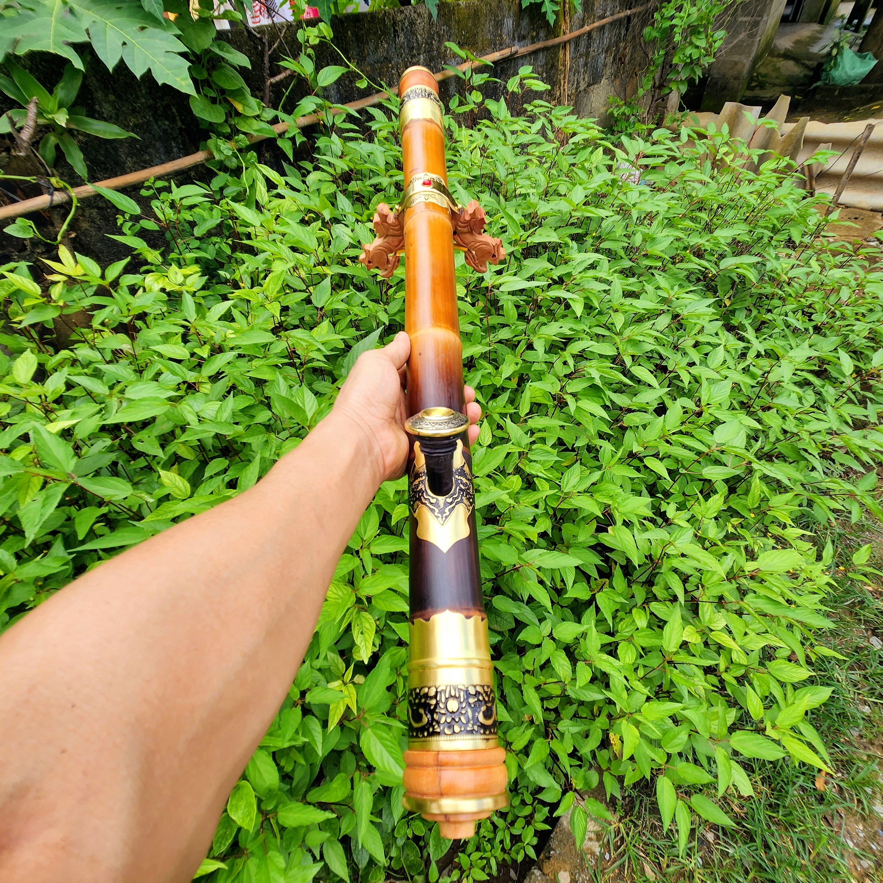 Điếu trúc bọc đồng hoa văn 2 lớp
