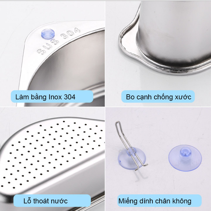 Giỏ lọc rác, để đồ đa năng gác chậu rửa bát làm bằng inox 304 bền và an toàn, hình tam giác