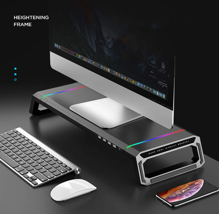 Kệ nâng cao máy tính đa chức năng với đèn chiếu sáng RGB và 4 cổng USB 3.0, Giá đỡ màn hình có thể gập lại, tải 30kg / 66Ib