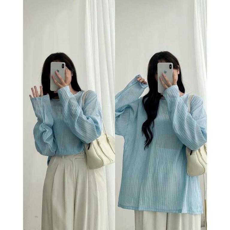 Áo Thun Gân Nữ Cổ Tròn Dáng Suông Dài Tay