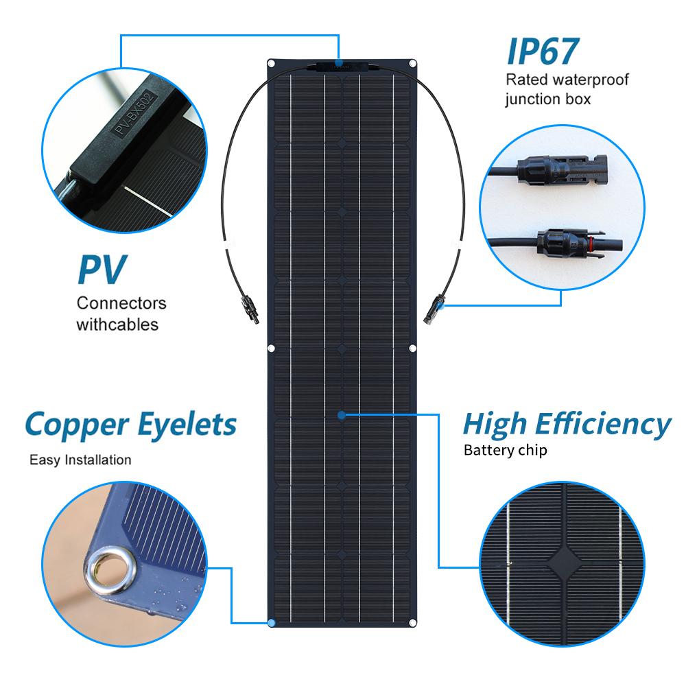 Bảng điều khiển năng lượng mặt trời 50w Bộ sạc pin 12v chống thấm nước đơn tinh thể hiệu quả cao với bộ điều khiển 12v 24v 10A cho xe RV cắm trại Màu sắc: 50w Đen