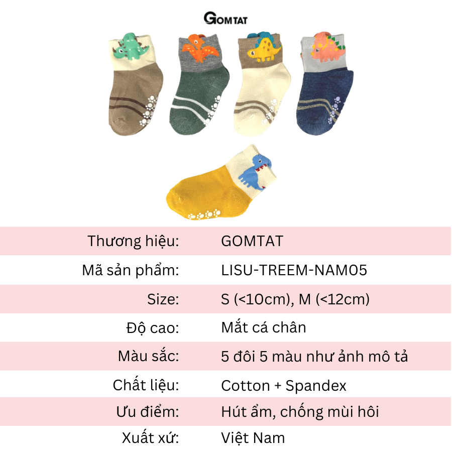 Set 5 đôi vớ cho bé trai hình khủng long dễ thương, tất trẻ em thoáng mát có đệm cao su chống tuột gót - LISU-TREEM-NAM05