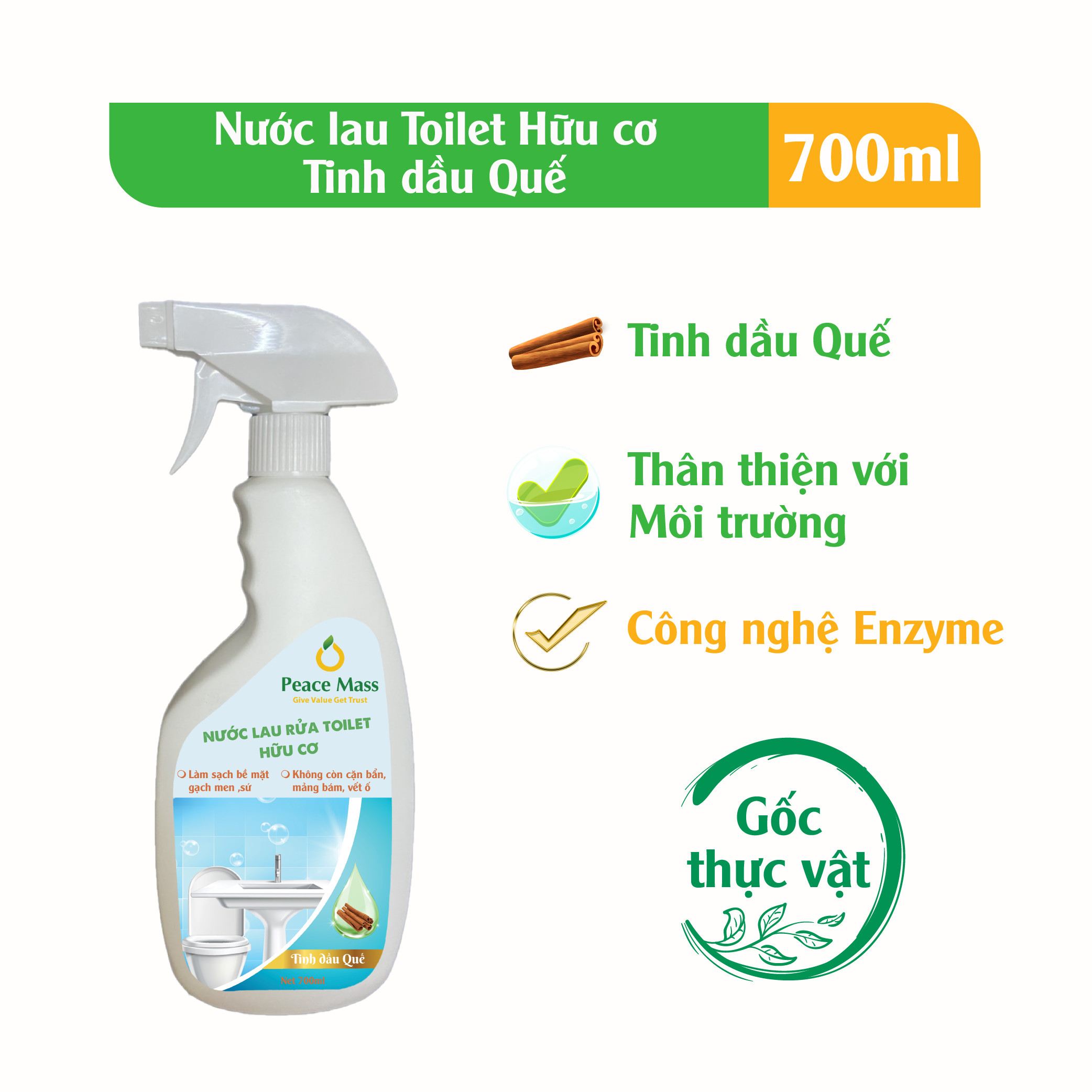 Combo TLC1 Peace Mass Nước Lau Rửa Toilet Gốc Thực Vật700ml + Nước Lau Kính Gốc Thực Vật 700ml