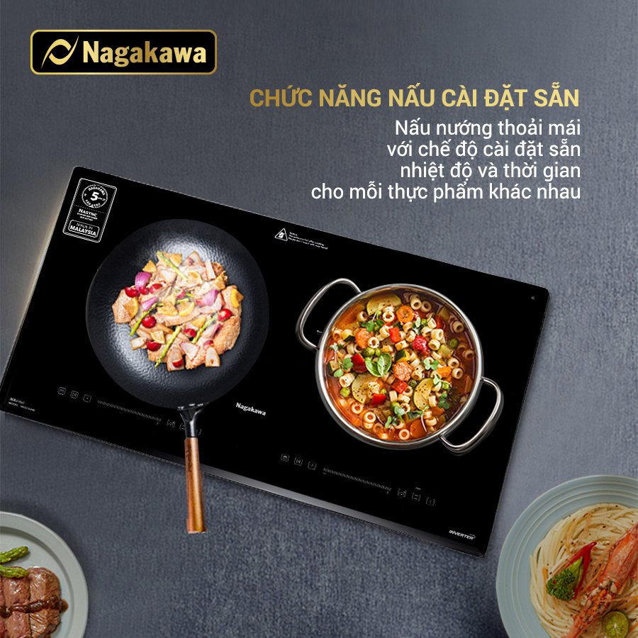 Miễn phí giao lắp toàn quốc - Bếp Đôi Điện Từ Nagakawa NK2C05MB - Made in Malaysia - Bảo hành 5 năm - Hàng Chính Hãng