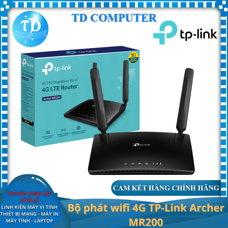 Bộ phát wifi 4G TP-Link Archer MR200 (AC750Mbps/ Chuẩn AC/ 2 Ăng-ten ngoài/ Sim 4G/ 35 User) - Hàng chính hãng FPT phân phối