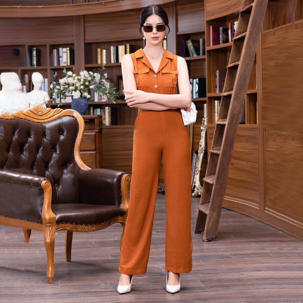 Bộ Jumpsuit Nữ NK Fashion Dáng Dài Áo Cổ Vê Sát Nách, Quần Ống Rộng Tôn Dáng NKBD2204019