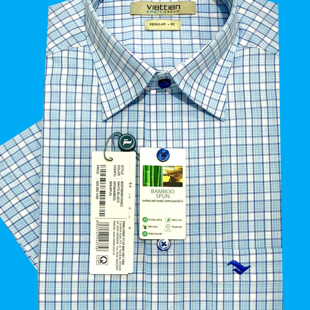 Viettien - Áo sơ mi nam ngắn tay xẻ tà vạt ngang Bamboo spun Ca rô Xanh 6S0708-6S0709 Regular, Regular fit - Regular fit (ôm)