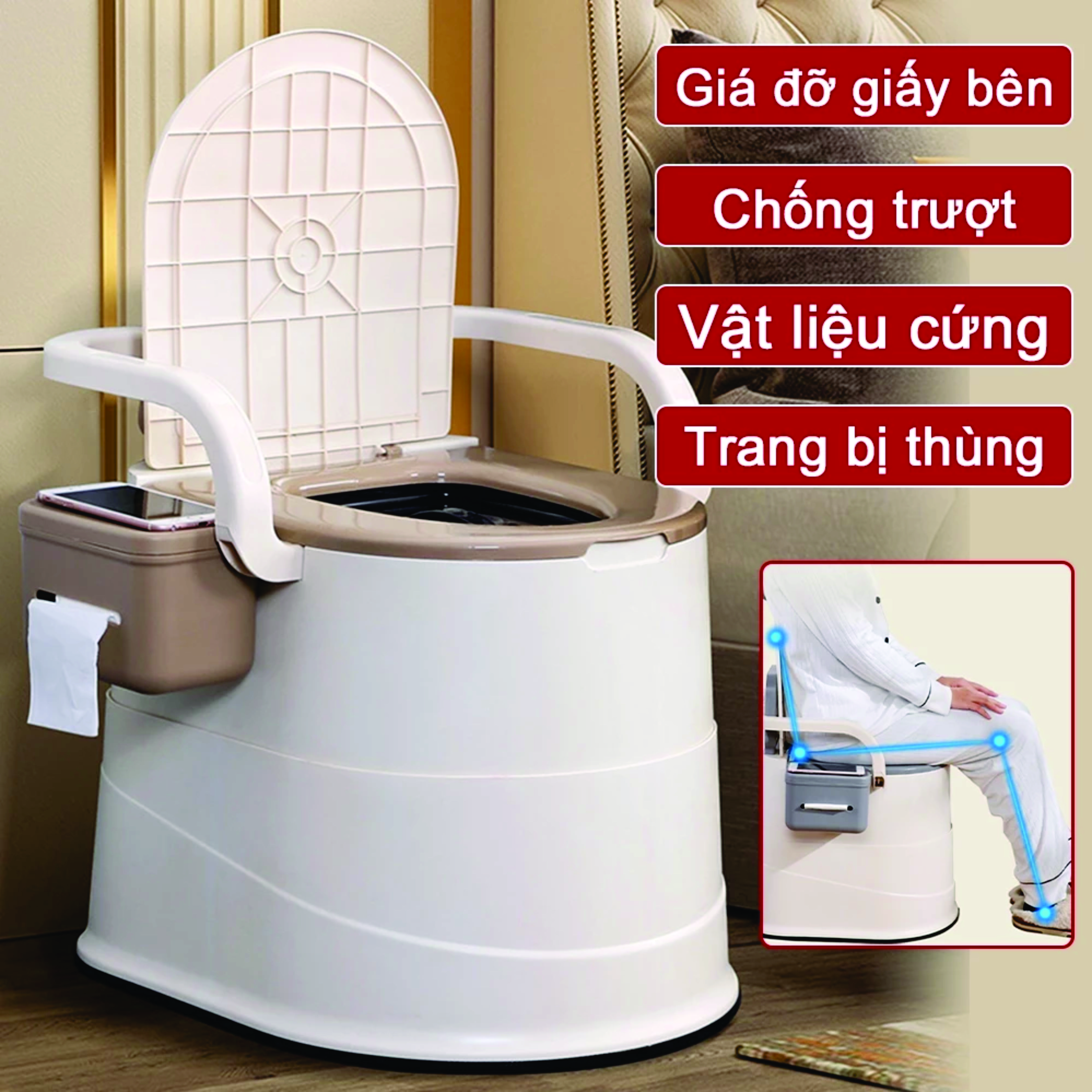 Tolet, Bồn cầu di động cao cấp có tay vịn, tựa lưng đệm, có hộp giấy, siêu chịu lực dành cho trẻ em, người già, phụ nữ sanh BH 1 năm HÀNG CHÍNH HÃNG ( màu ngẫu nhiên)