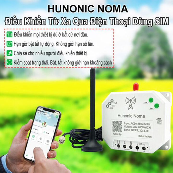 Công tắc ĐIỀU KHIỂN TỪ XA QUA SIM - Hunonic Noma 4000W - HẸN GIỜ, BẬT TẮT bằng điện thoại, không cần WIFI