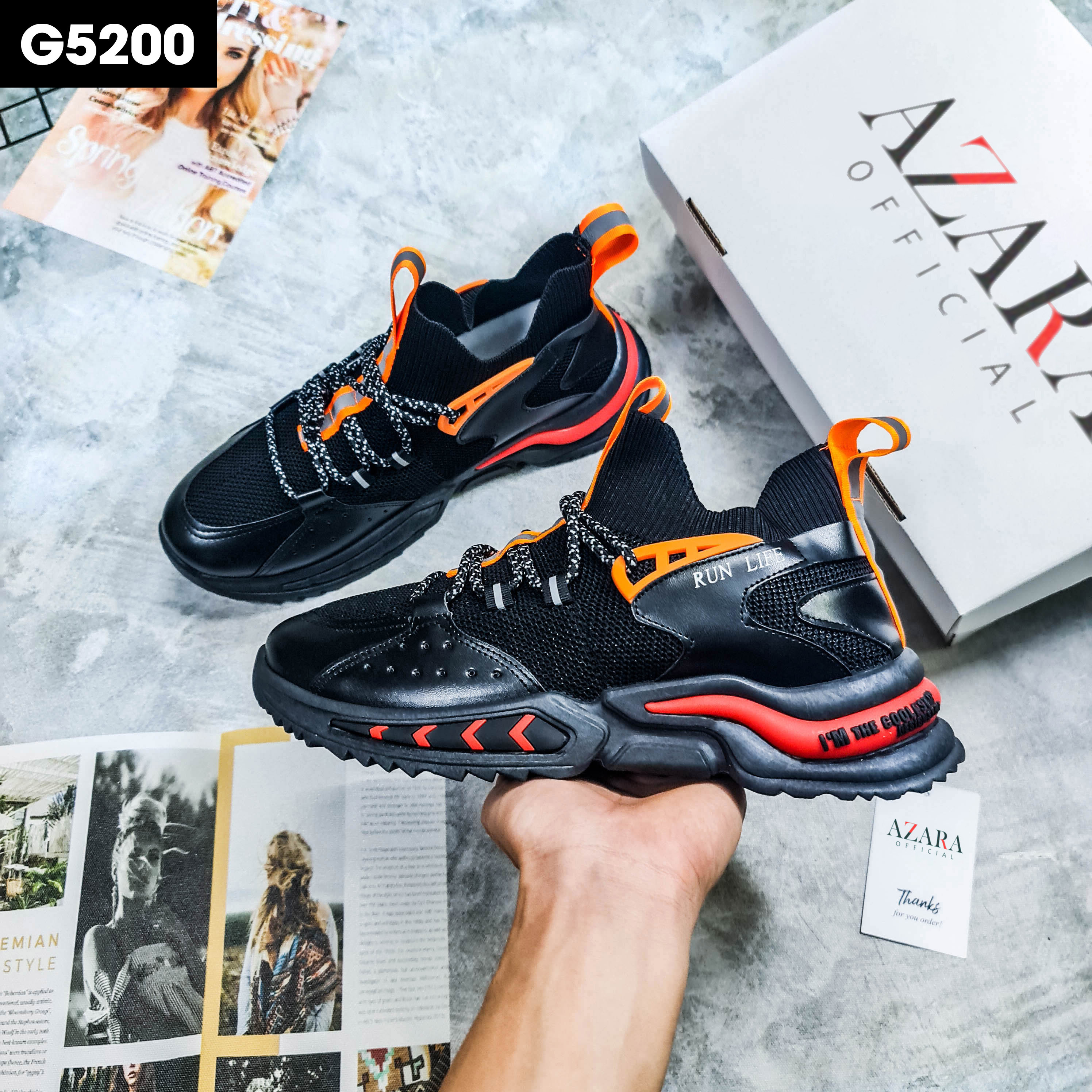 Giày Thể Thao Nam AZARA- Sneaker Màu Trắng - Đen -  Xám. Giày Thể Thao Họa Tiết Dấu Phẩy, Êm Chân - G5205