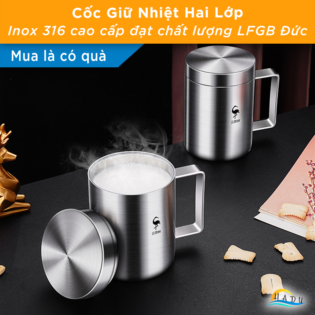Ly Cốc Giữ Nhiệt Inox 316 Có Nắp Có Tay Cầm Mini Cao Cấp 420ml Đạt Chất Lượng LFGB Đức SSGP
