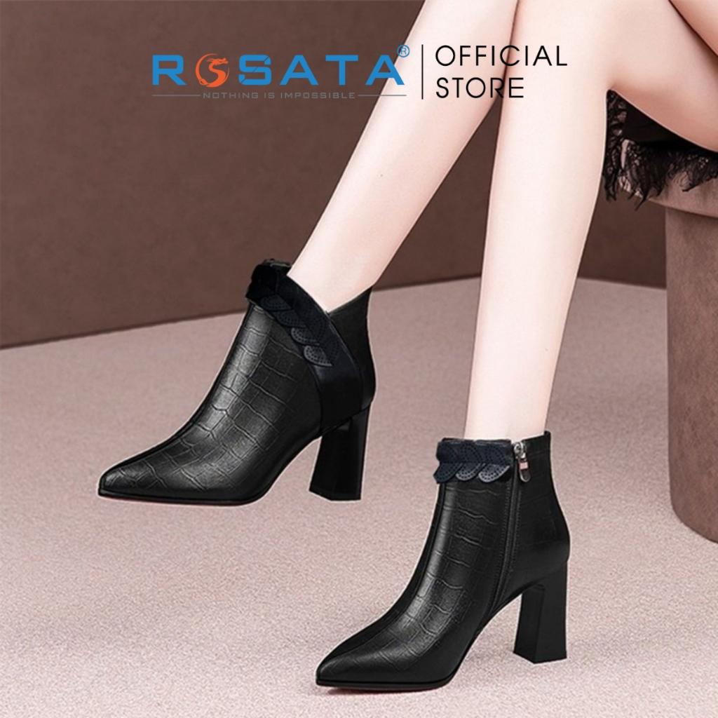 Giày boot ROSATA RO445 bốt nữ cổ cao, đế cao 8 phân thời trang hàn quốc cao cấp da Pu loại 1 mềm mại khóa kéo - Đen