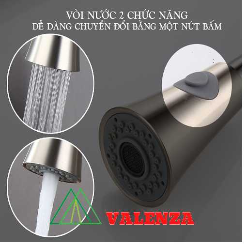 Vòi rửa chén bát dây rút cao cấp inox 304 VALENZA - Vòi nóng lạnh inox 304 dùng cho mọi bồn rửa chén bát nhà bếp, dây rút tiện dụng, 2 chế độ nước - Hàng chính hãng