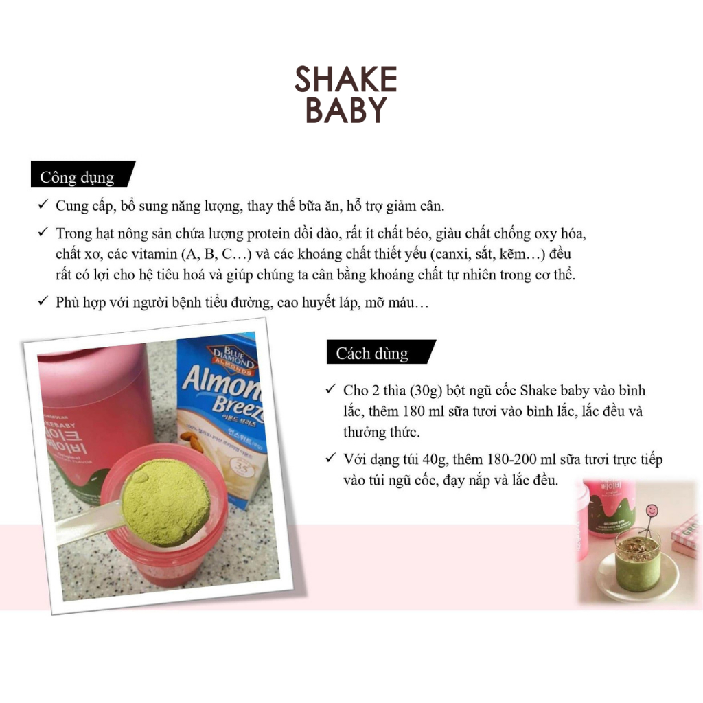 [CHÍNH HÃNG] Bột Ngũ Cốc Ăn Kiêng Thay Thế Bữa Ăn SHAKE BABY Diet Formular Protein Vị Chocolate Bạc Hà Hỗ Trợ Giảm Cân 750g