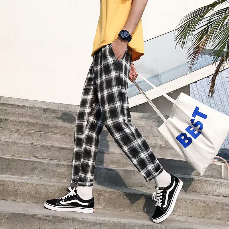 Quần dài nam sọc caro phối màu tương phản phong cách hip hop đường phố trẻ trung