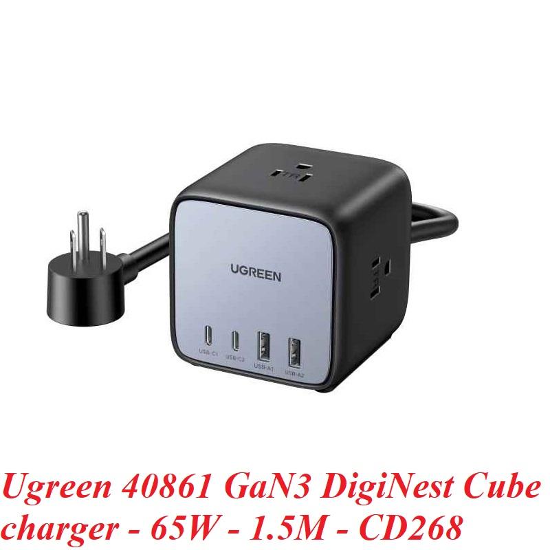 Ugreen UG40861CD268TK 65W Màu Đen Bộ sạc nhanh DigiNest Cube Chip GaN3 gồm 2 cổng USB-C + 2 cổng USB-A kèm dây cápnguồn dài 2M chuẩn cắm EU - HÀNG CHÍNH HÃNG