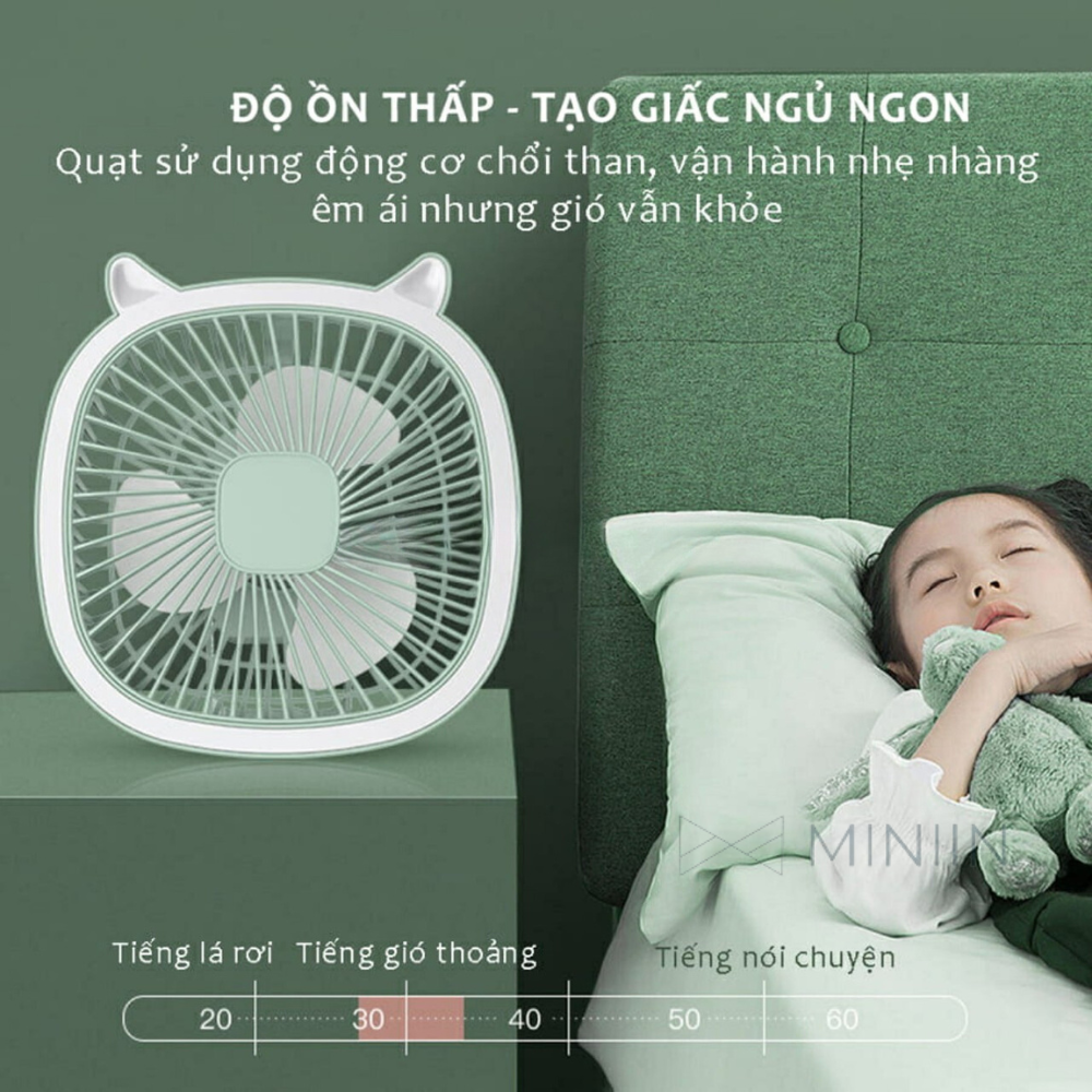 Quạt Tích Điện Đa Năng Có Đèn, Quạt Treo Tường, Để Bàn Kiêm Đèn Ngủ 3 In 1, Quạt Cầm Tay Tích Hợp Đèn Led Pin 1300mAh - HÀNG CHÍNH HÃNG MINIIN