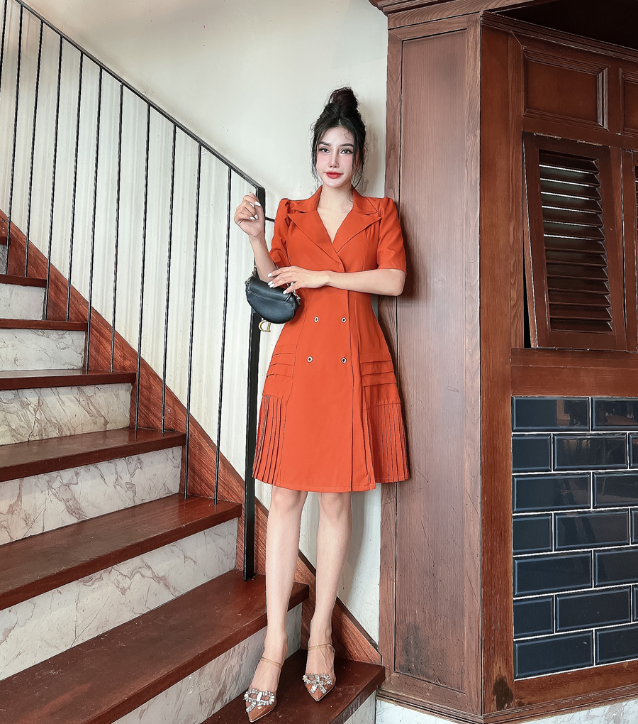 Đầm cổ vét phối dập li sang trọng D062- Lady Fashion