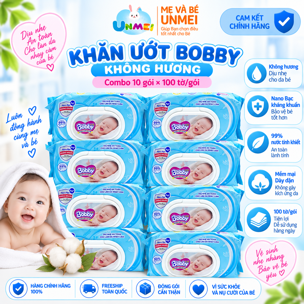 Combo Tiết Kiệm 10 Gói Khăn Ướt Bobby Care Không Hương 100 MiếngGói
