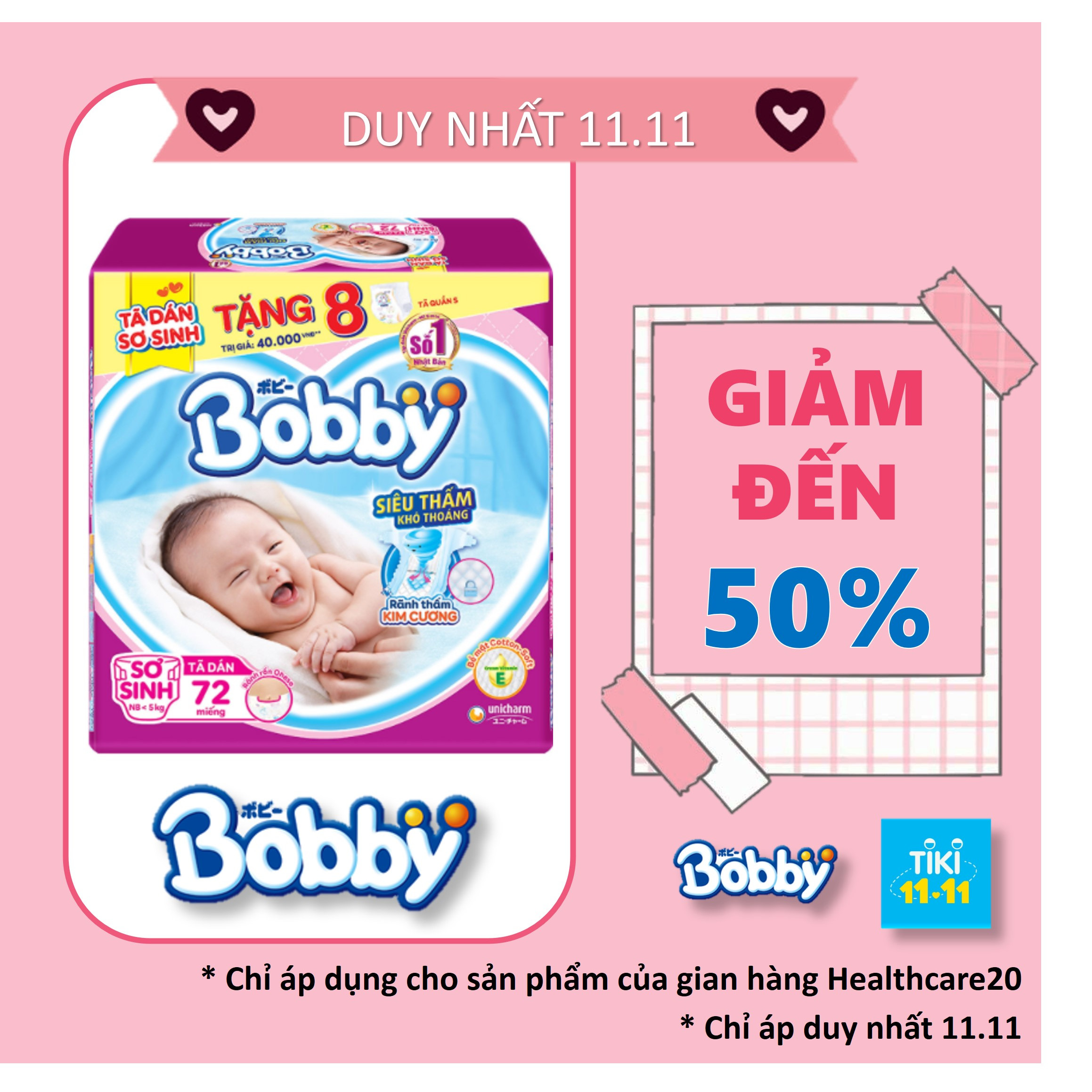 Tã Dán Sơ Sinh Bobby Gói Lớn XS72 (72 Miếng) + 8 Miếng Tã Quần Size S