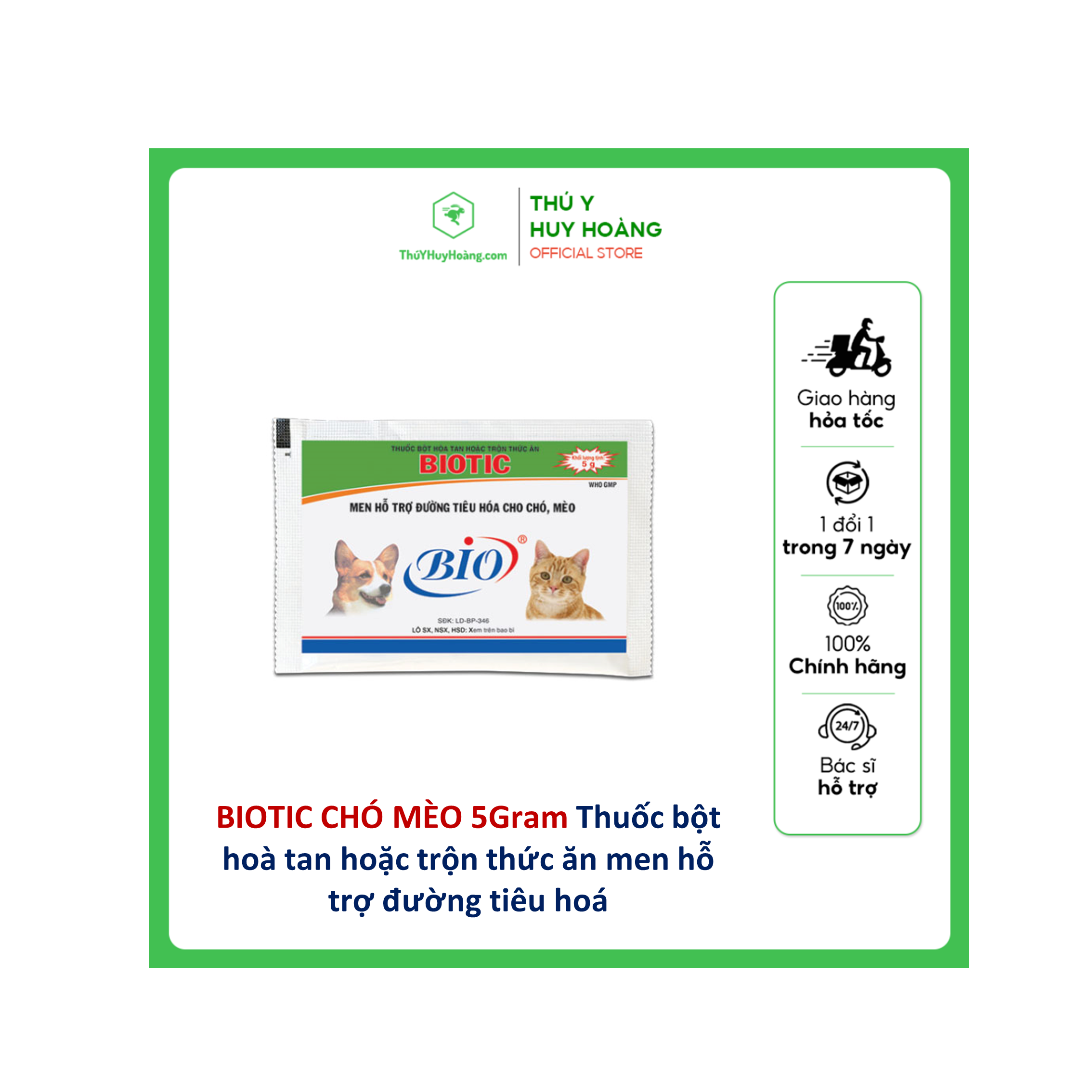 BIOTIC CHÓ MÈO 5G Thuốc bột hoà tan hoặc trộn thức ăn men hỗ trợ đường tiêu hoá cho chó mèo