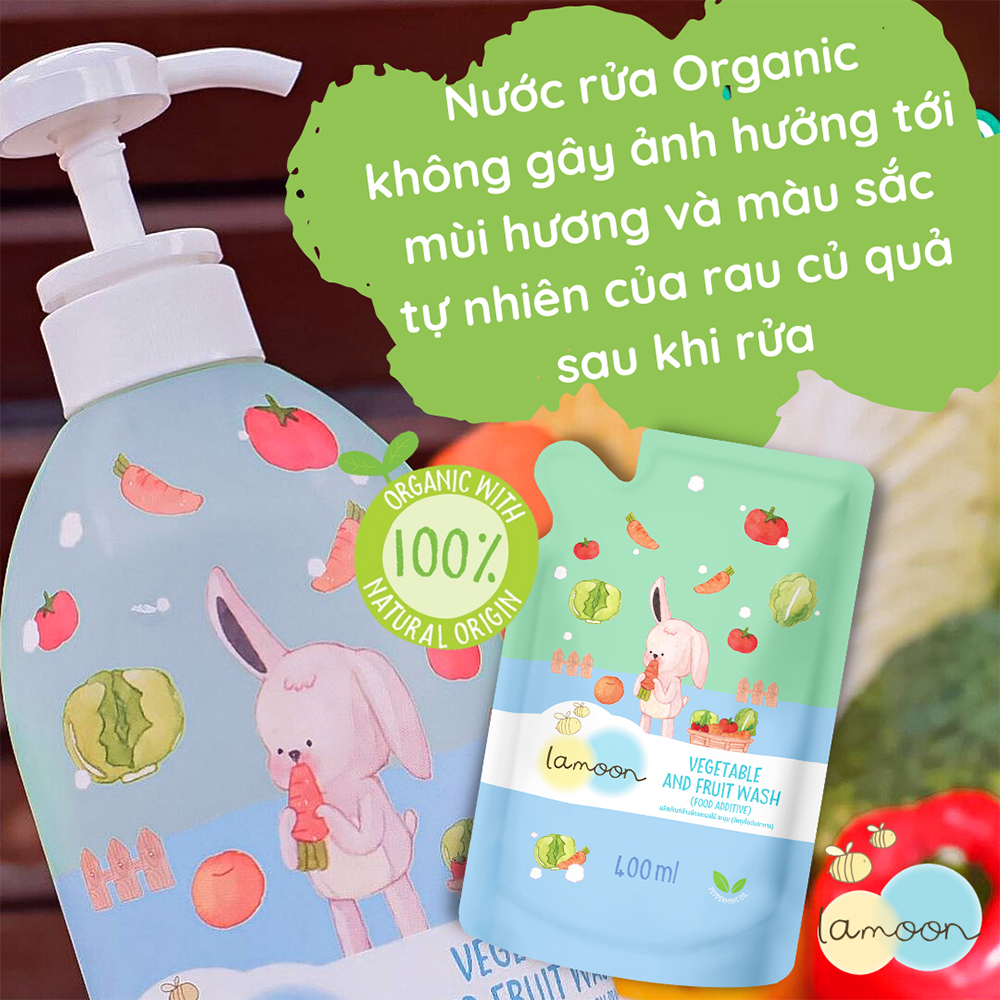 COMBO Nước Rửa Rau Củ Quả Organic An Toàn Cho Bé Lamoon Dạng Bình 450ml + Túi Refll 400ml