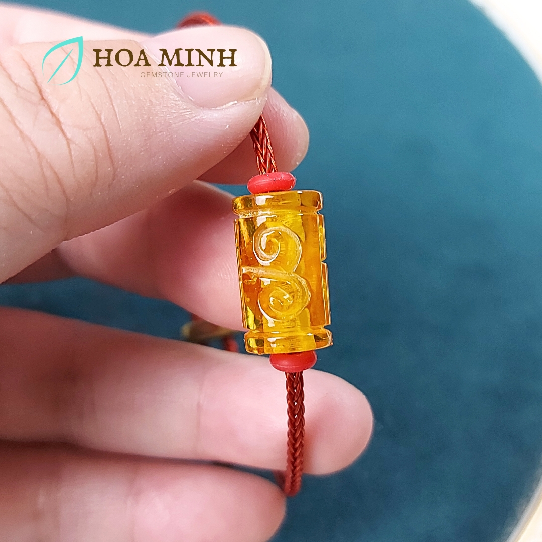 Vòng tay dây cáp phối lu thống Hổ Phách size 10x16.9 li chạm khắc vân mây may mắn