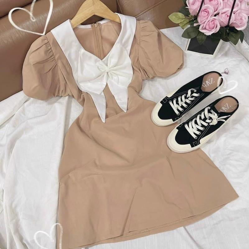 Đầm nude tay bồng cổ nơ trắng đi tiệc đám cưới, đi chơi, du lịch TKN