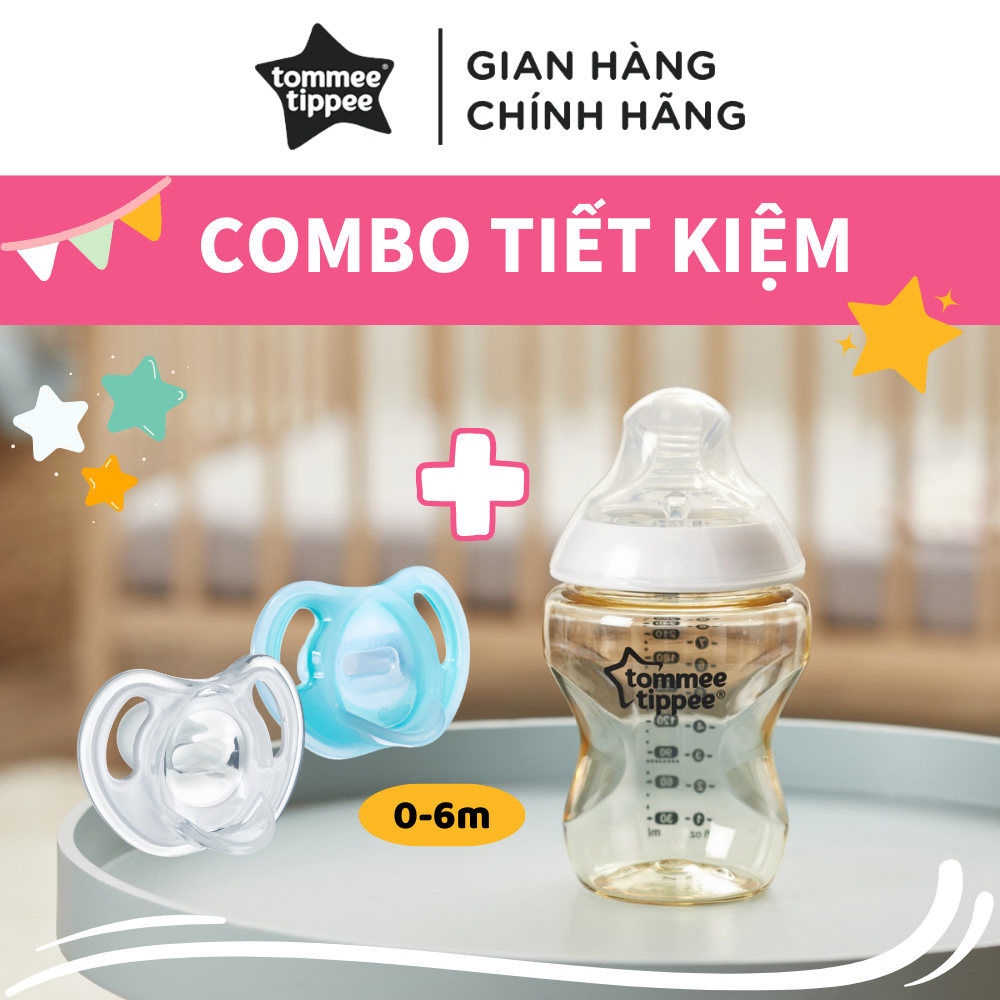 COMBO Ty Ngậm Silicon Siêu Nhẹ Tommee Tippee Ultra Light &amp; Bình Sữa PPSU Ty Siêu Mềm Tự Nhiên Tommee Tippee 150ml