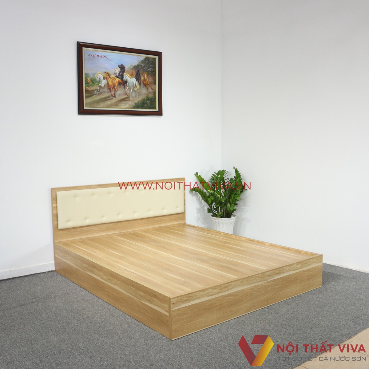 Giường Ngủ Gỗ MDF Melamine Vân Gỗ Vàng Sọc Có Đầu Nệm Kem Đẹp
